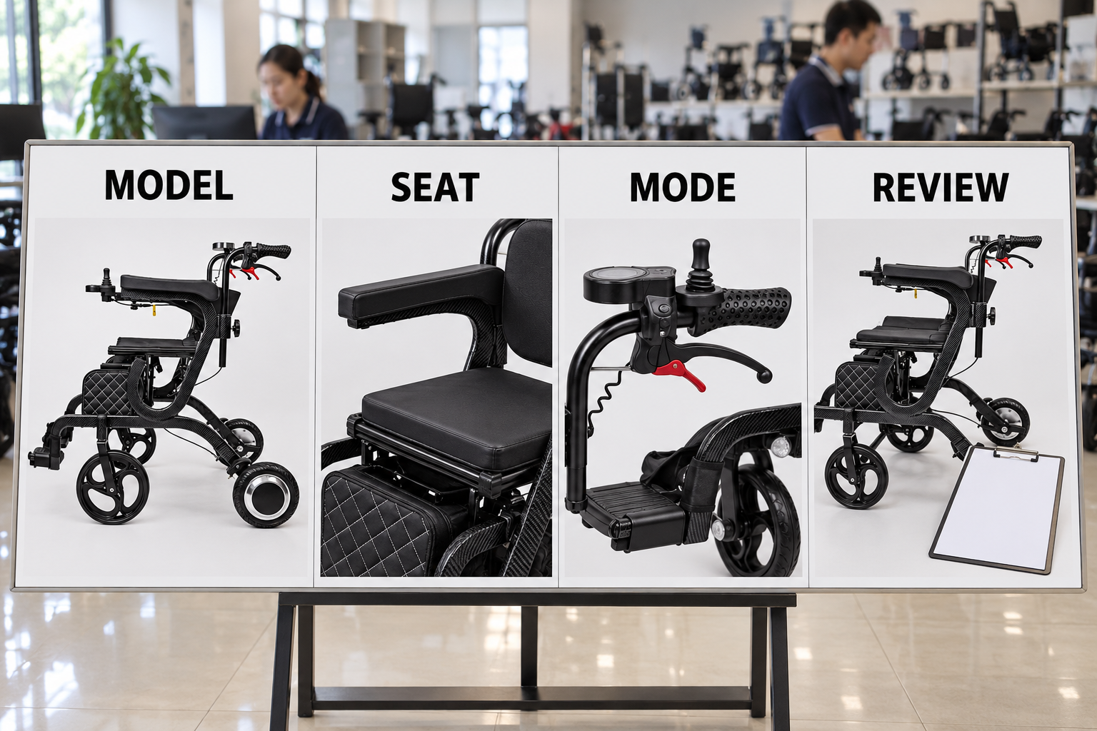 Photoreal powered walker seat chart showing model, seat, mode and review stages
