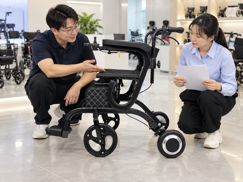 Illustrative review of an empty seat on a black powered walker in a showroom