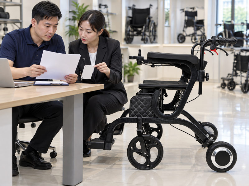 Illustrative supplier review of blank product documentation beside a black powered walker
