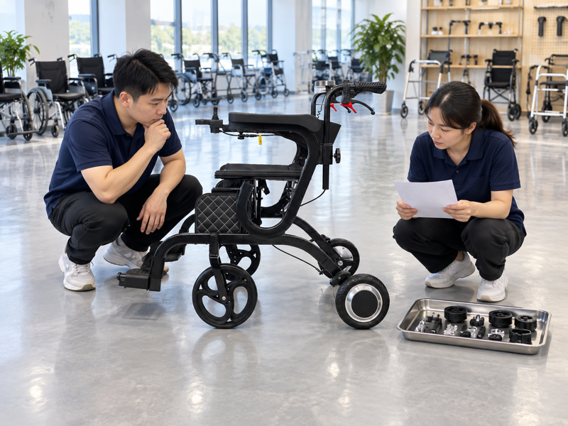 Illustrative powered walker spare-parts identification beside a complete black device