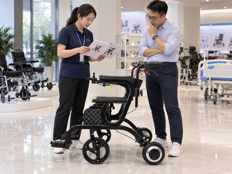 Illustrative model-guide review beside an empty black powered walker in a China showroom