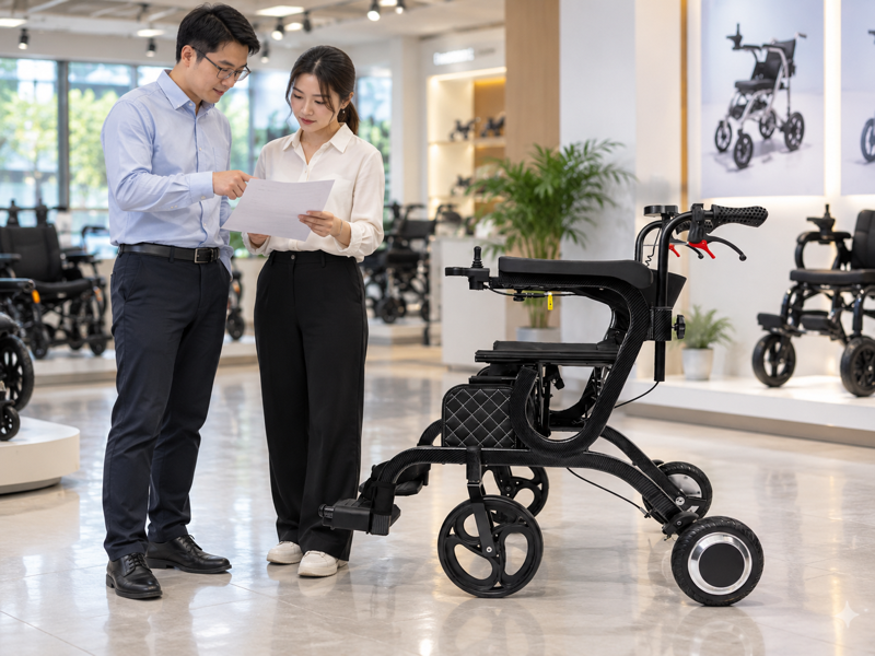 Illustrative Saudi distributor quotation review beside a complete black powered walker in China