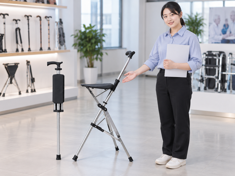Illustrative open and folded three-leg cane seat examples in a China showroom