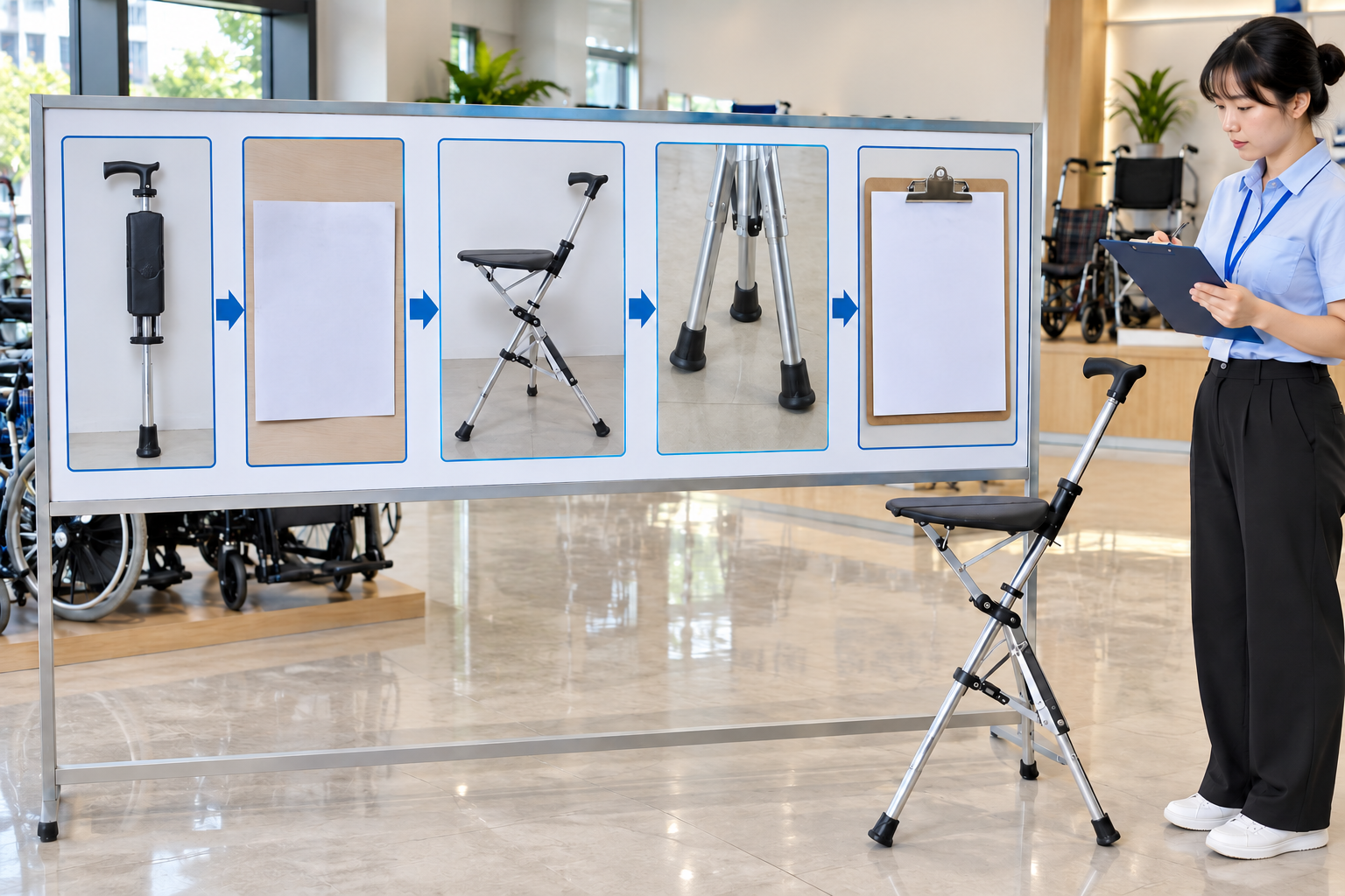 Photographic five-stage folding cane seat review chart ending with a blank pending record