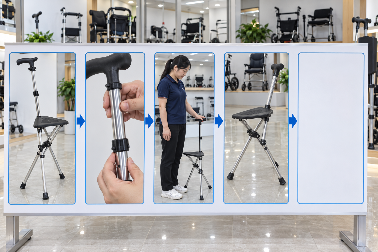 Photographic five-stage cane seat adjustment review with blank pending fit record