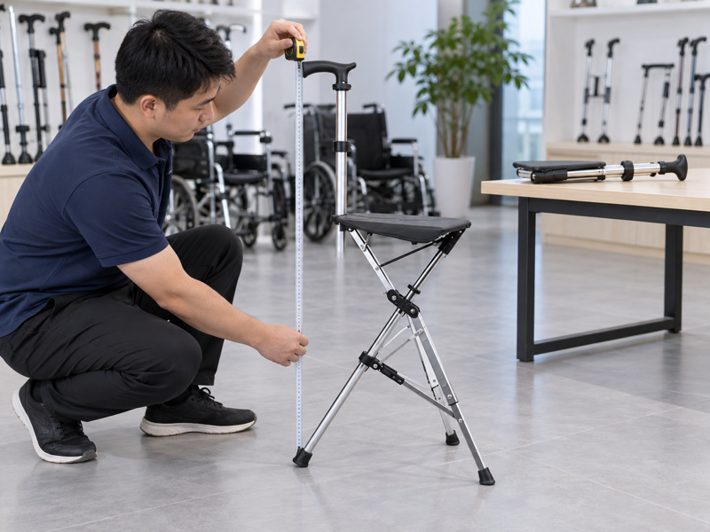 Illustrative specialist reviewing the shaft position of a complete three-leg cane seat