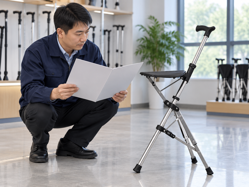 Illustrative specialist reviewing a blank model rating file beside a complete three-leg cane seat