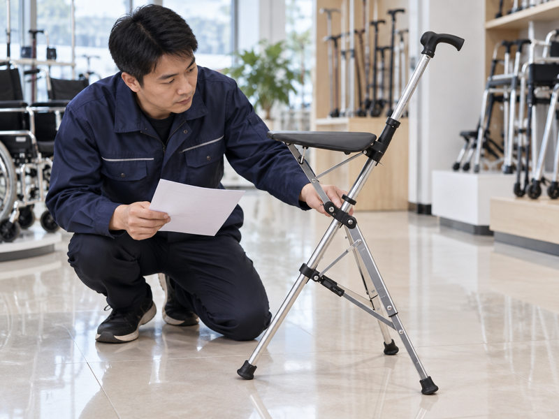 Illustrative inspection of three rubber-tipped legs on an open folding cane seat