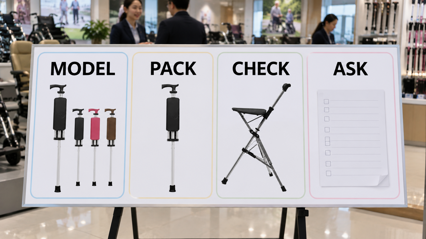 Photoreal day-trip review chart showing model, pack, check and ask stages