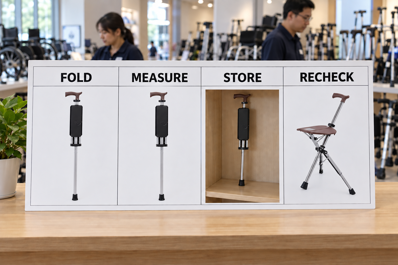Photoreal compact cane-seat storage chart showing fold, measure, store and recheck stages