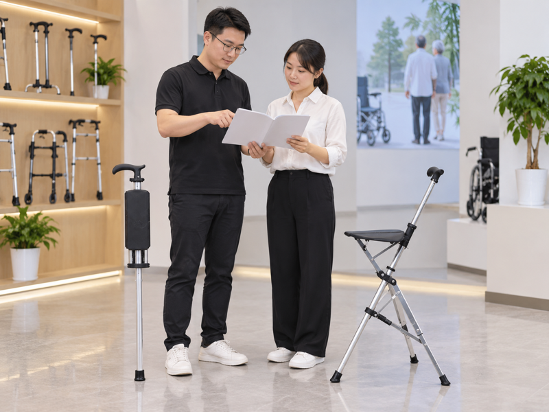 Illustrative specialists reviewing a cane-seat booklet beside folded and open three-leg products