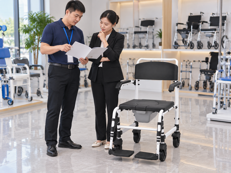 Illustrative review of an empty white wheeled commode chair and current model guide
