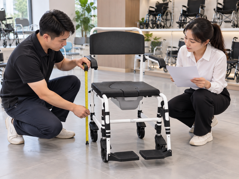 Illustrative seat-height measurement review beside an empty small-wheel commode chair