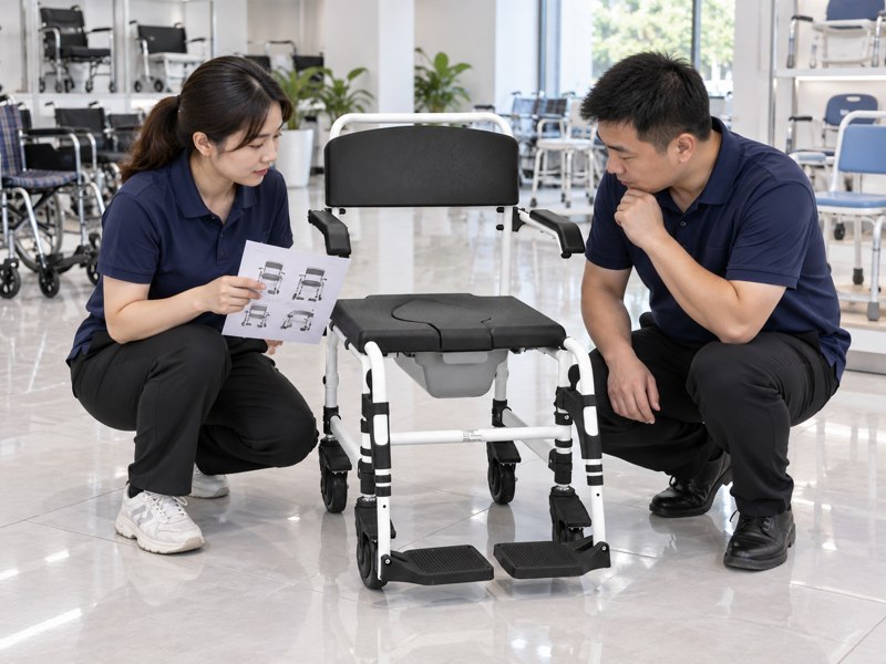 Illustrative review of an empty gray bucket fitted beneath a white wheeled commode chair