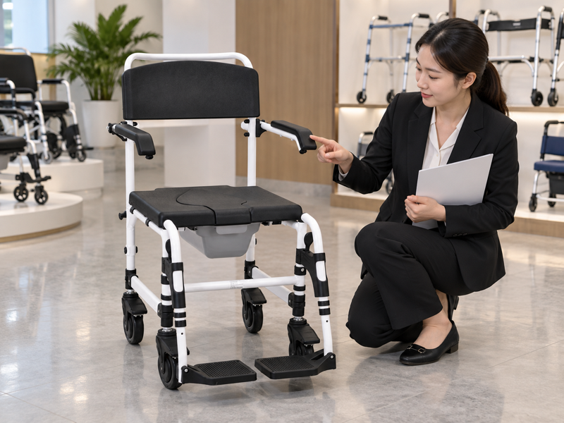 Illustrative model-document review beside arm supports on a complete white wheeled commode chair