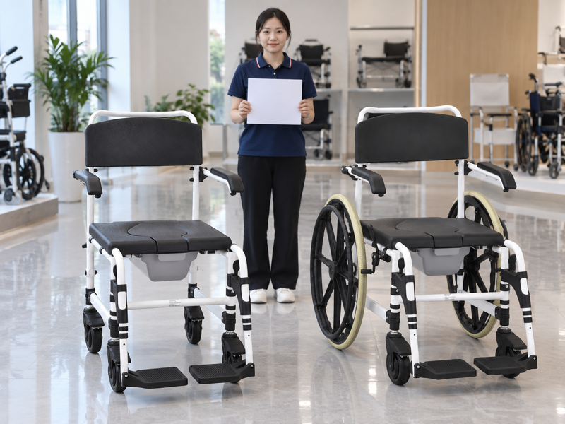 Illustrative side-by-side small-caster and large-rear-wheel white commode chair variants