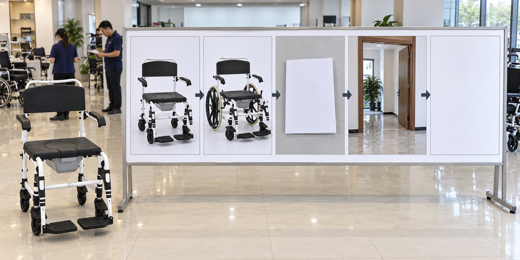 Photographic five-stage wheeled commode variant and route review with blank pending record