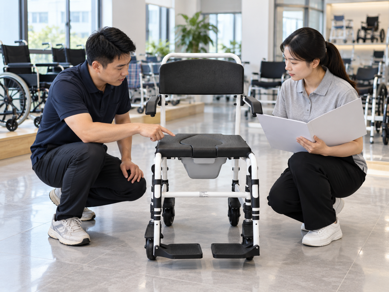 Illustrative product-material review beside a clean white wheeled commode chair