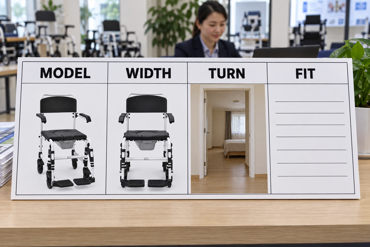 Photoreal commode room-fit chart showing model, width, turn and fit stages