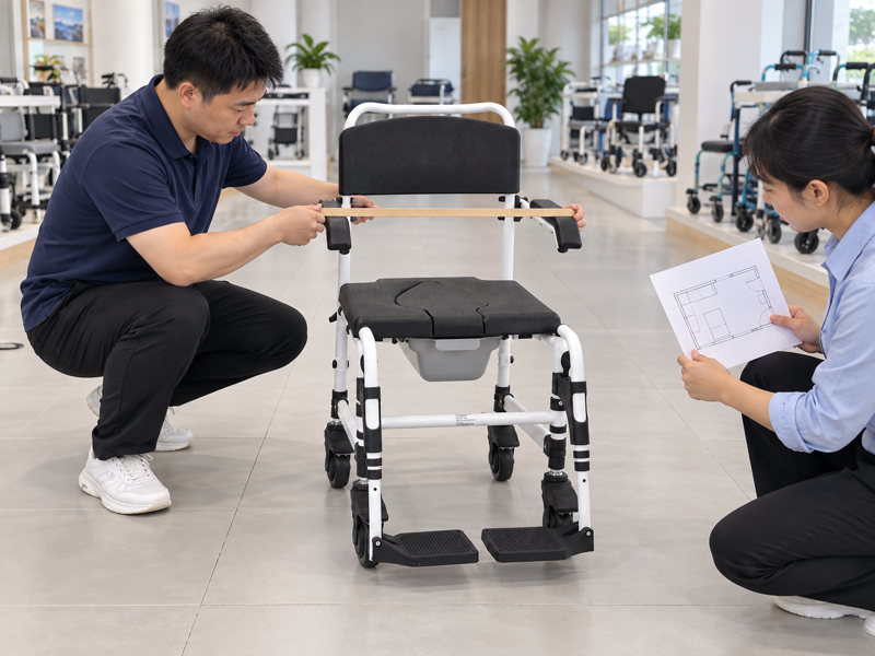 Illustrative width review of a white small-wheel wheeled commode chair