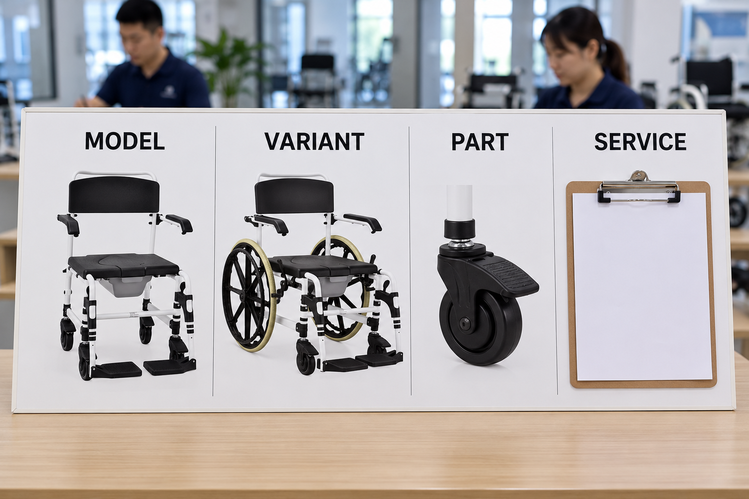 Photoreal commode spare-parts chart showing model, variant, part and service stages