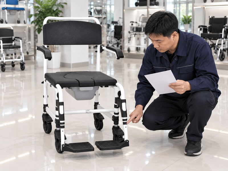 Illustrative model-specific parts review beside a white small-wheel commode chair