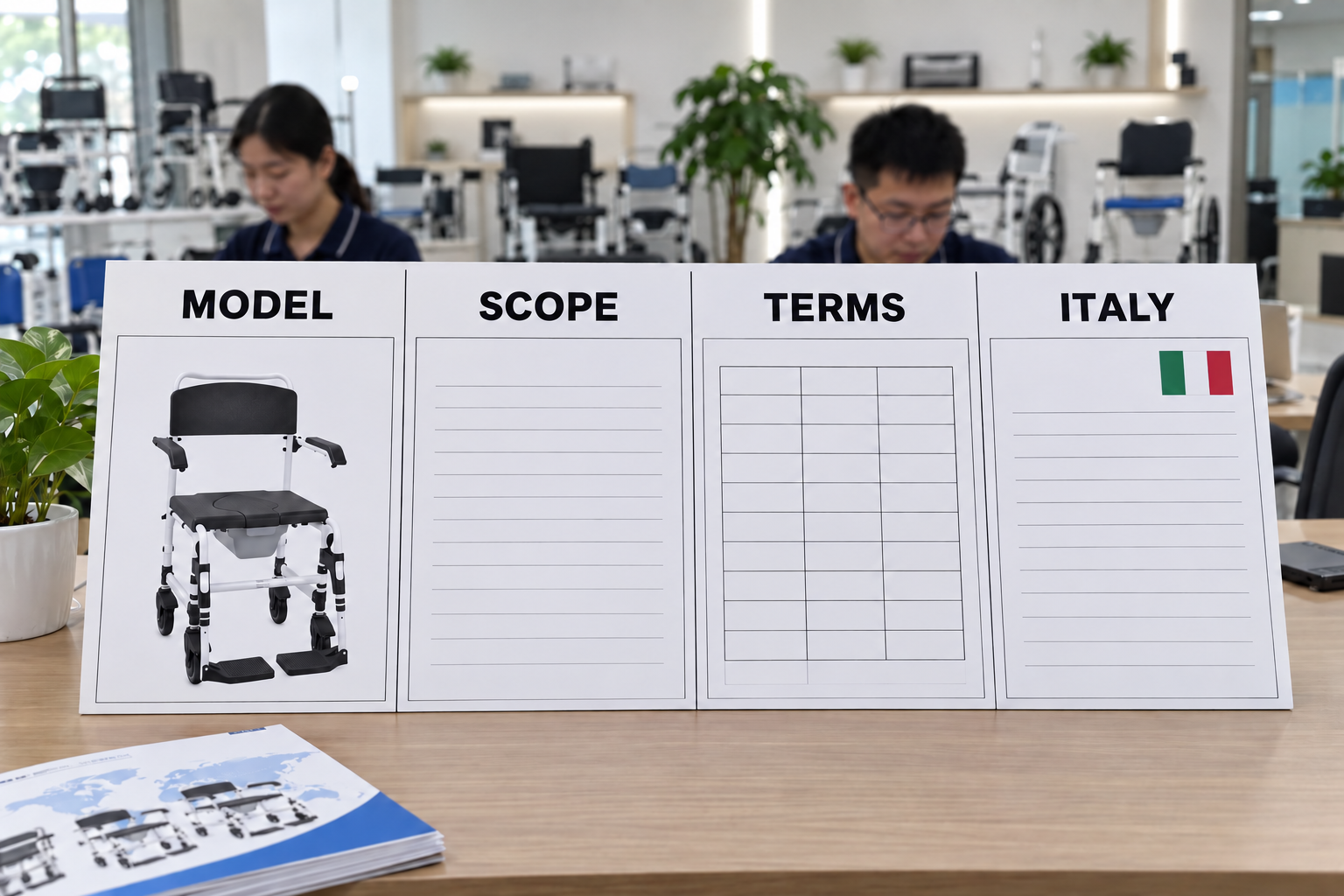 Photoreal commode wholesale chart showing model, scope, terms and Italy stages