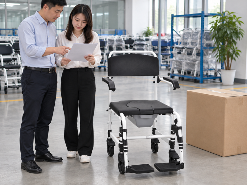 Illustrative wholesale order review beside a white small-wheel wheeled commode chair