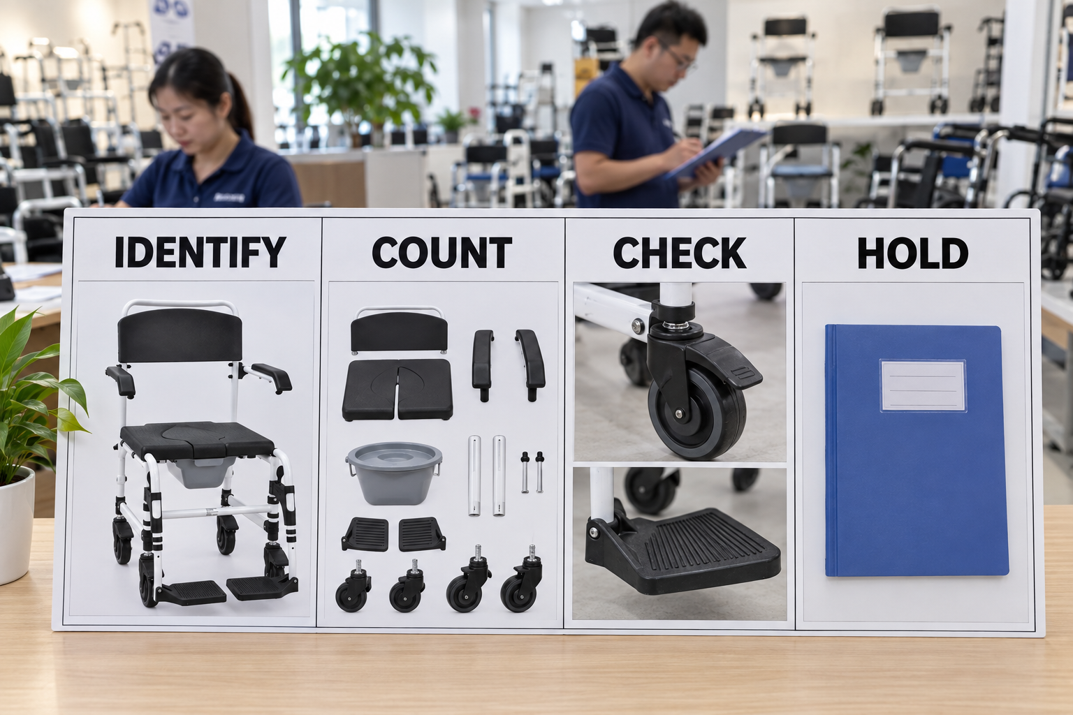 Photoreal incoming commode inspection chart showing identify, count, check and hold stages