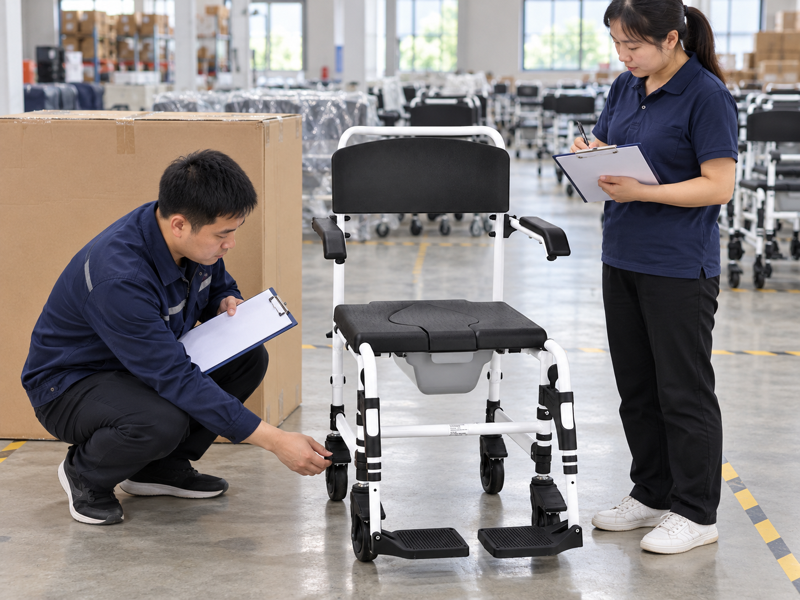 Illustrative incoming check of a white small-wheel wheeled commode chair