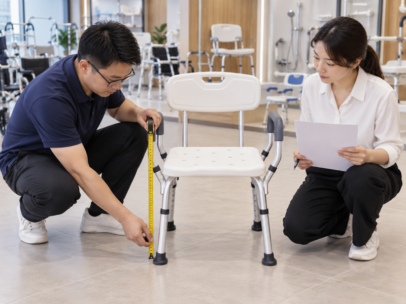 Illustrative showroom review of white shower-chair seat height with no claimed target number