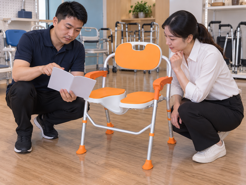 Illustrative review of an open orange folding bath chair and current model guide in a China showroom