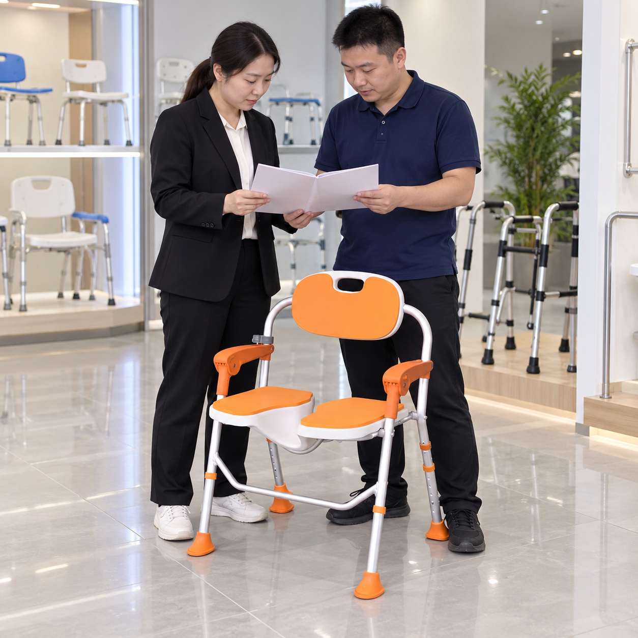Illustrative maker-guide review beside complete open orange folding bath chair