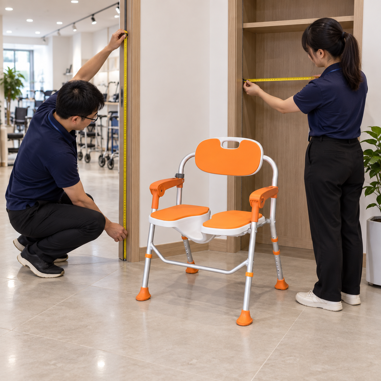 Illustrative dry-room storage-space review beside complete open orange folding bath chair