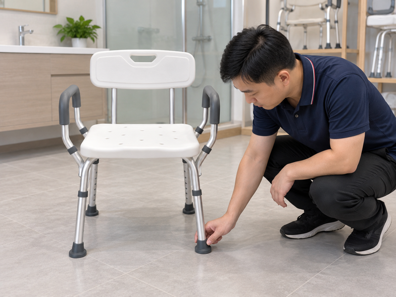Illustrative inspection of one rubber foot on a complete white four-leg shower chair