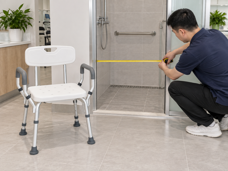 Illustrative full white shower chair beside a measured dry mock cubicle entrance