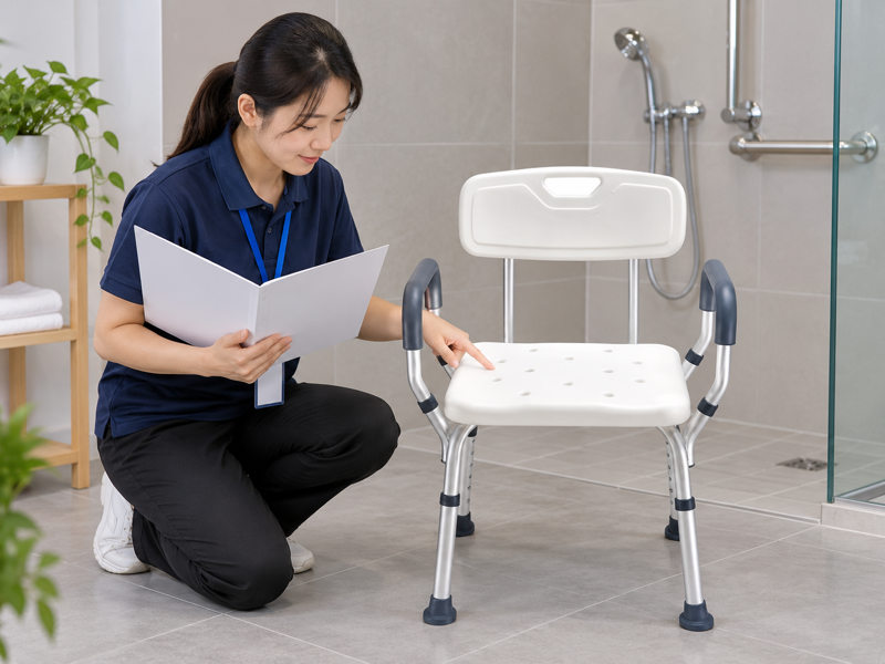 Illustrative material-care review beside a complete white four-rubber-foot shower chair