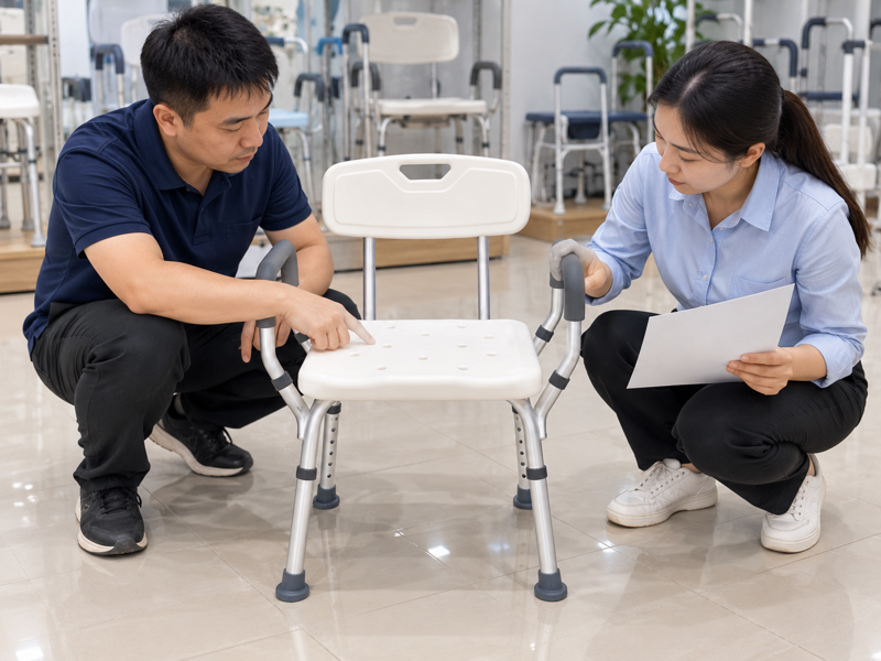 Illustrative materials-document review beside a white four-foot bath chair