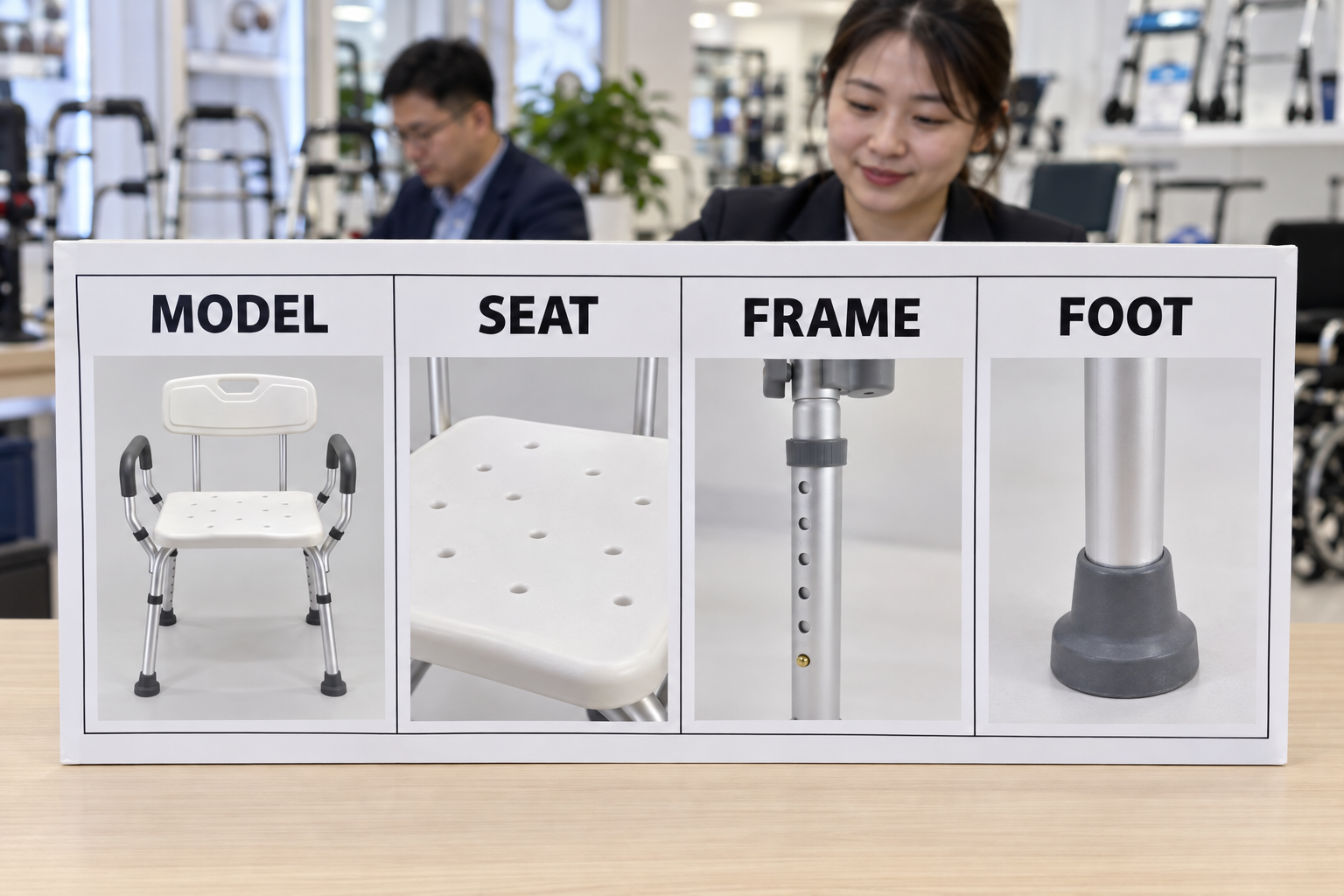 Photoreal bath-chair materials chart showing model, seat, frame and foot stages