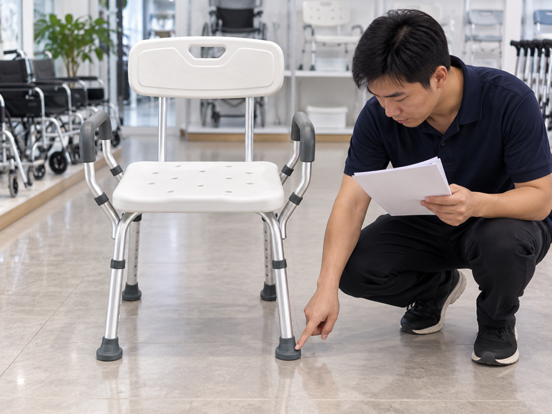 Illustrative model-specific grey foot review on a white four-leg bath chair