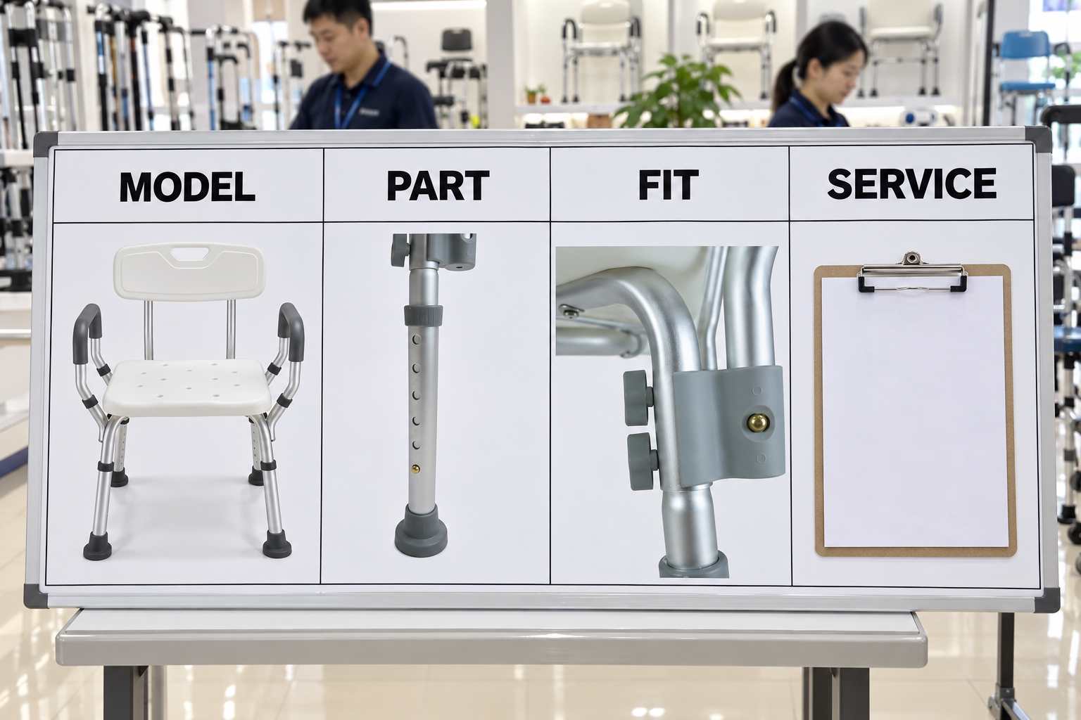 Photoreal bath-chair spare-parts chart showing model, part, fit and service stages