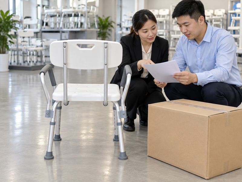 Illustrative wholesale order review beside a complete white four-leg bath chair