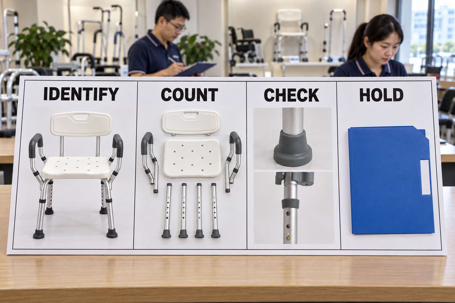 Photoreal bath-chair incoming check chart showing identify, count, check and hold stages