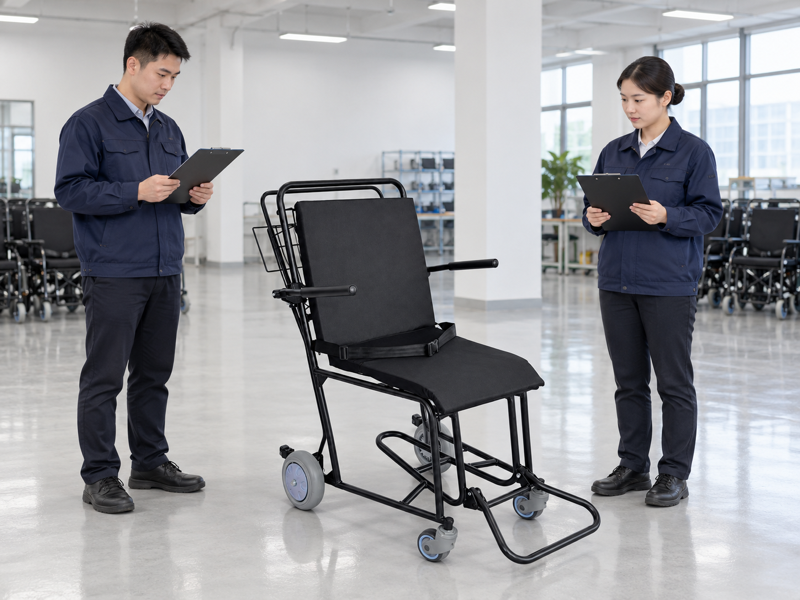 Illustrative visual shift-check review of a complete empty black airport service chair