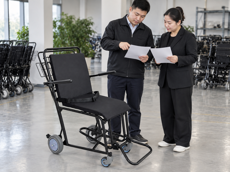 Illustrative care-document review beside a complete black airport attendant service chair