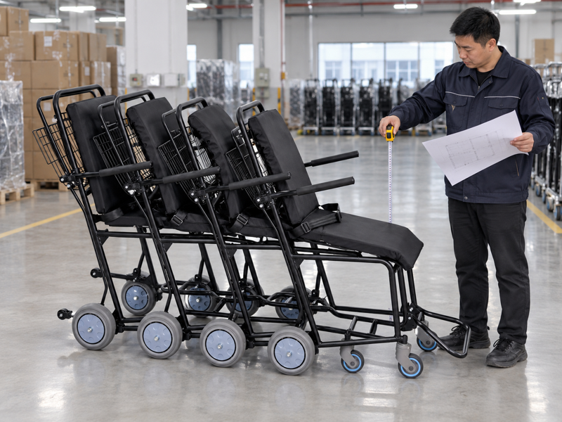 Illustrative full group of nested black airport attendant service chairs in a China showroom bay