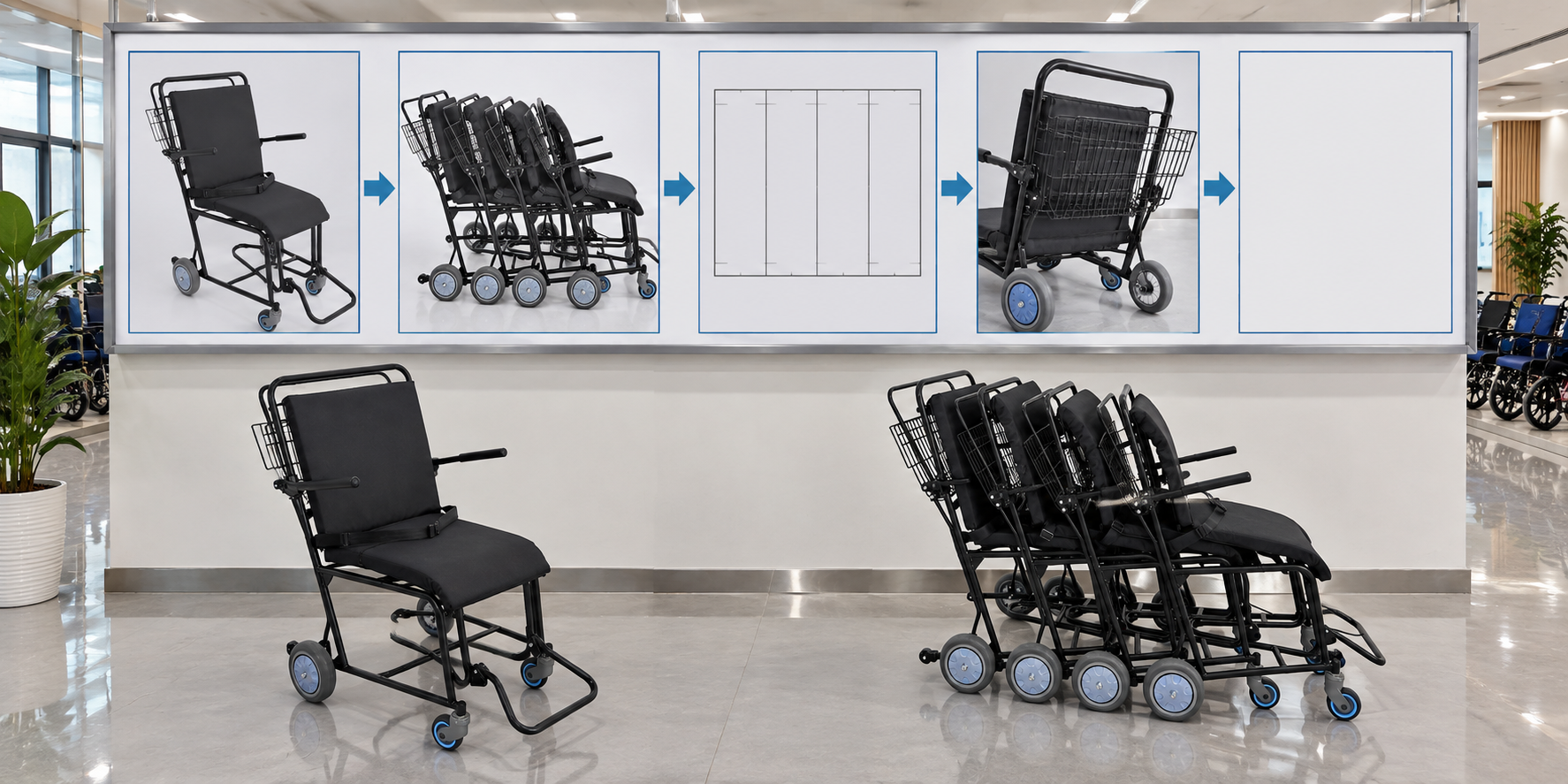 Photographic airport attendant chair nesting and storage chart ending with a blank release record
