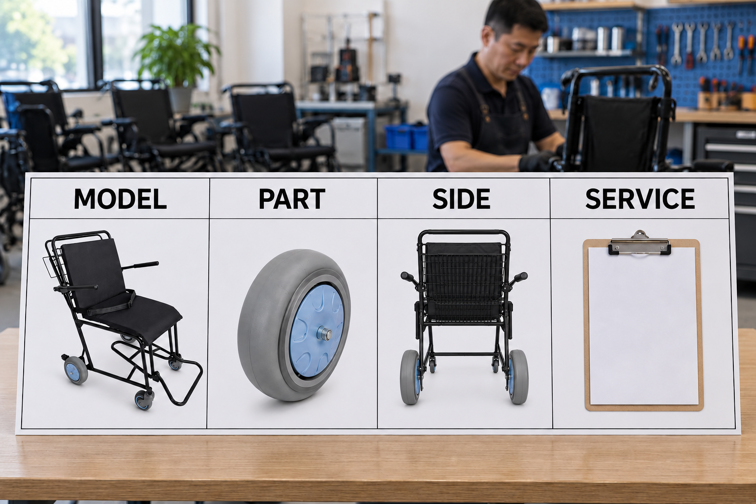 Photoreal airport attendant-chair spare-parts chart showing model, part, side and service stages