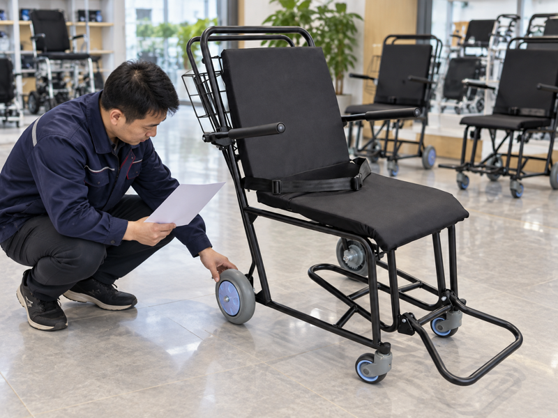Illustrative service review of the rear wheel on a black attendant airport chair
