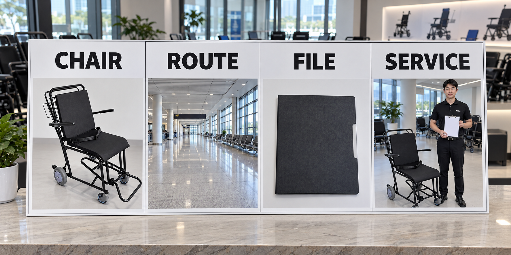 Photoreal airport fleet-tender chart showing chair, route, file and service stages